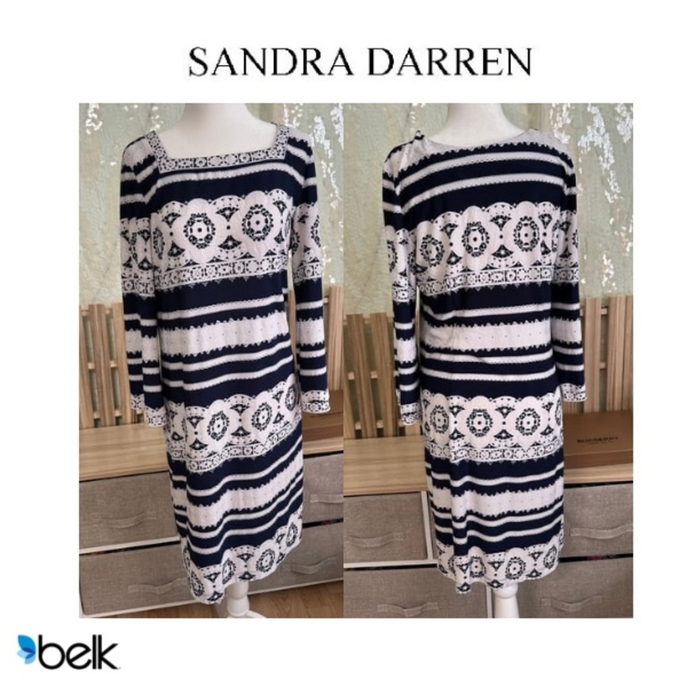 Sandra Darren Size 8 Women’s Square Neck Embossed Dress - 3/4 to Long Sleeve